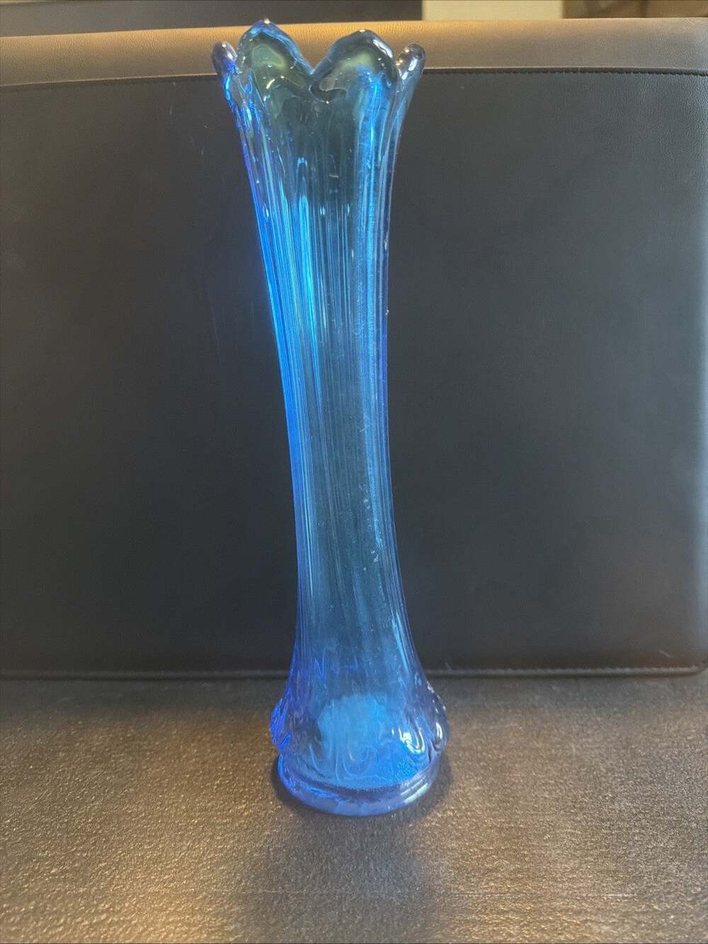 Vintage Blue Swung Glass Vase Paneled Scalloped Base Mid Century Modern Retro